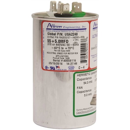 Amrad Engineering ROUND USA-MADE MOTOR RUN CAPACITOR, 55/5 MFD, 370/440 VAC USA2240